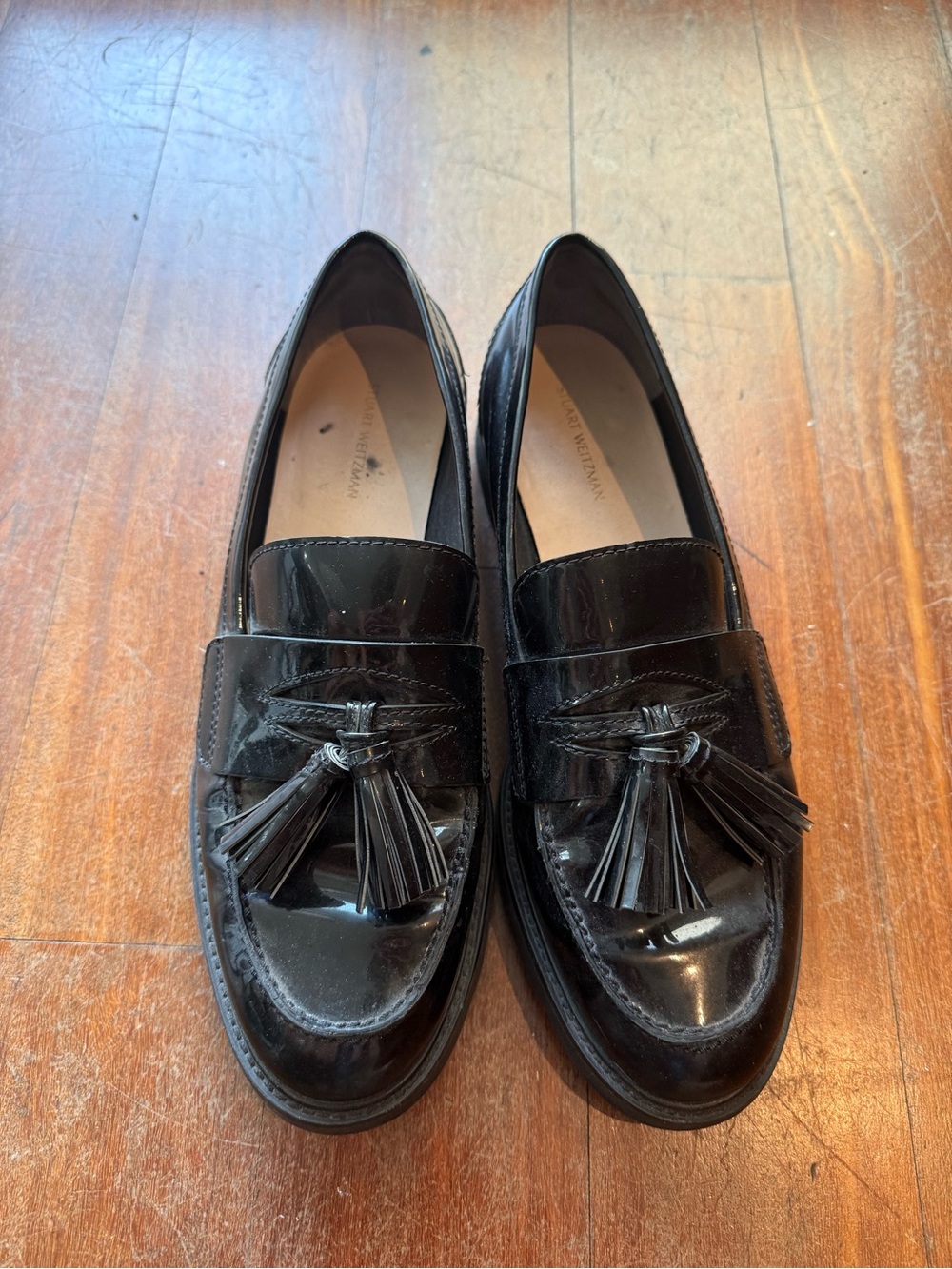 Stuart Weitzman Black Patent Leather Tassel Loafers